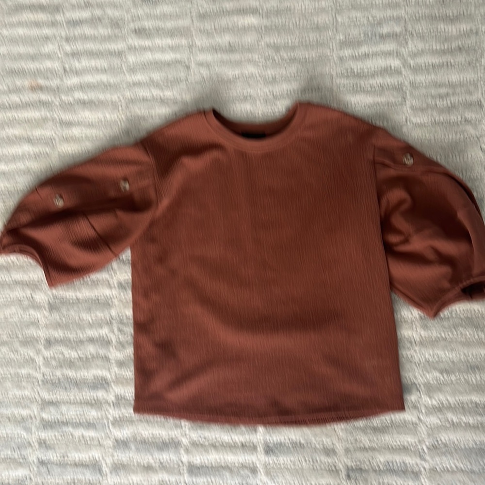 Anthropologie brown shirt with unique bell sleeves.